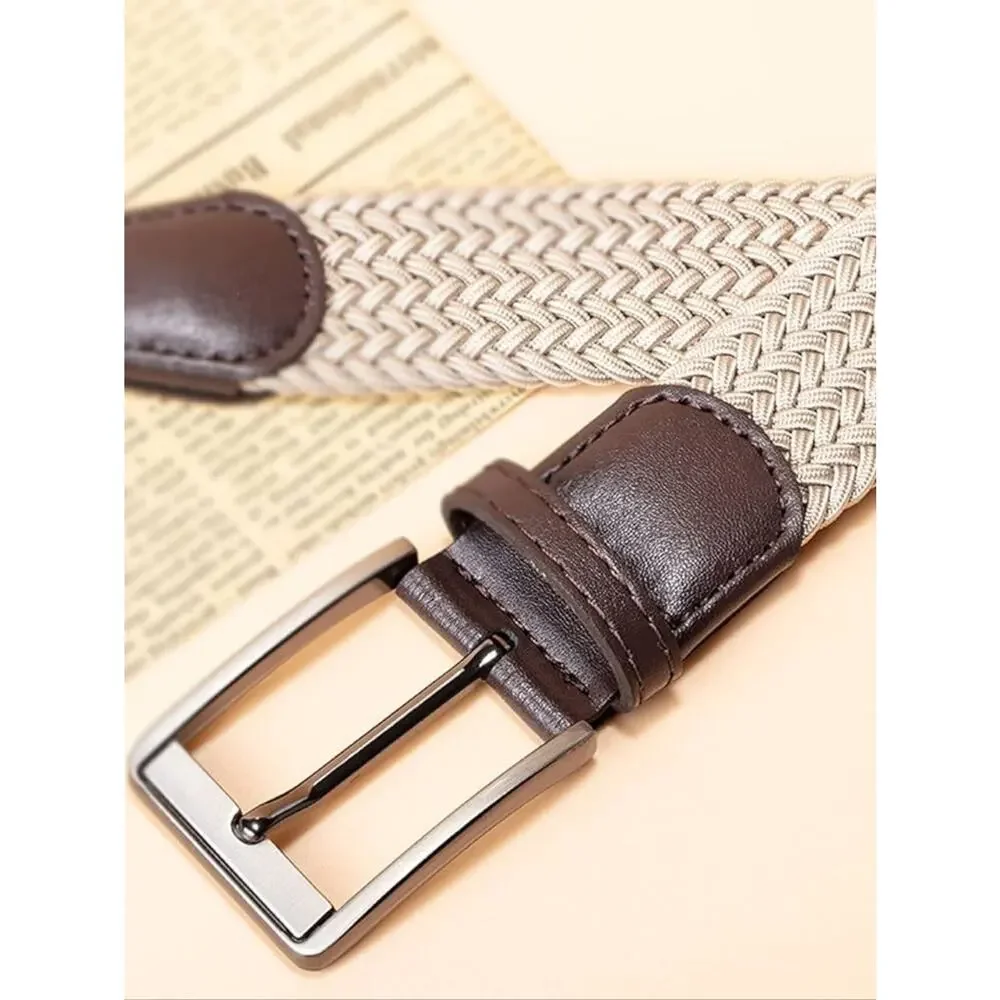 Men's Woven Stretch Belt Beige Tan Brown Leather Trim XL 42-44